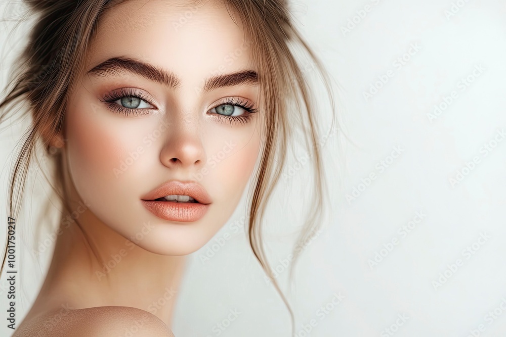 Naklejka premium Close-up beautiful woman with makeup and bare shoulders with beautiful and soft skin and light background _ Make up and body care for fashion with generative ai