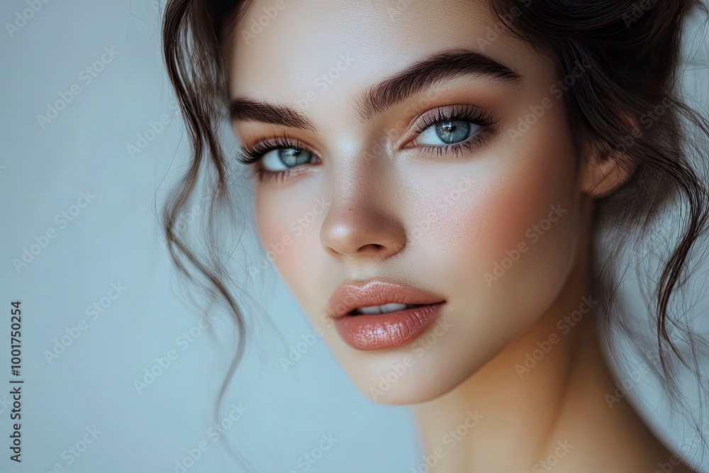 Naklejka premium Close-up beautiful woman with makeup and bare shoulders with beautiful and soft skin and light background _ Make up and body care for fashion with generative ai