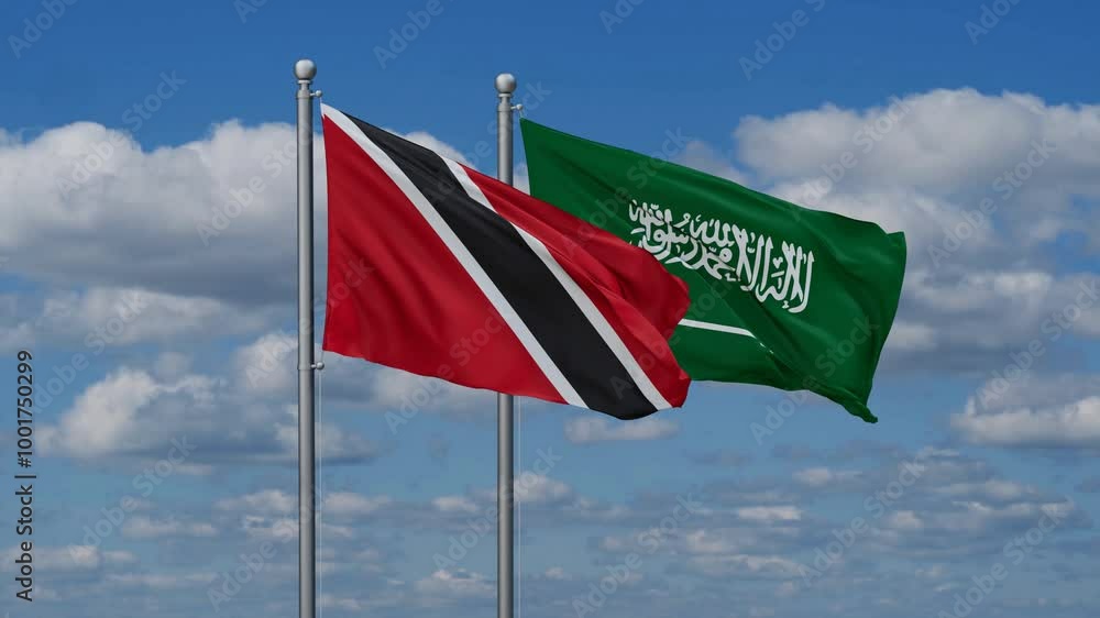 Saudi Arabia and Trinidad and Tobago flags flying together, video concept of the relationship, two country relations concept Saudi Arabia and Trinidad and Tobago flags flying together, video concept of the relationship, two country relations concept