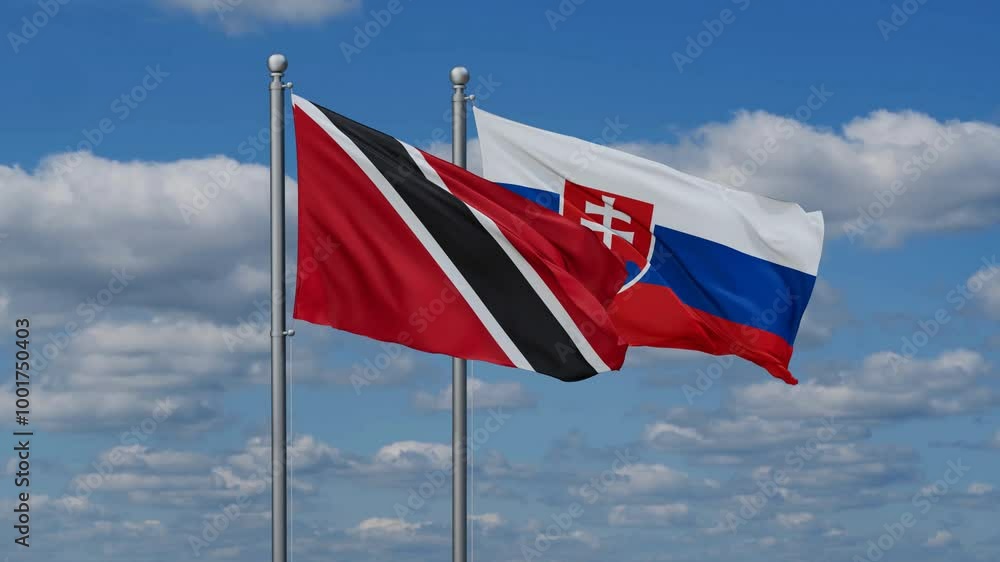 Slovak Republic or Slovakia and Trinidad and Tobago flags flying together, video concept of the relationship, two country cooperation concept Slovak Republic or Slovakia and Trinidad and Tobago flags flying together, video concept of the relationship, two country cooperation concept