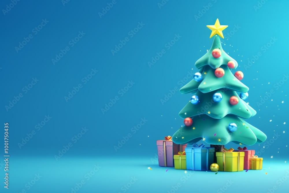 cartoon christmas tree with gifts on blue drawn by graphic editor. place for text, advertising cartoon christmas tree with gifts on blue drawn by graphic editor. place for text, advertising