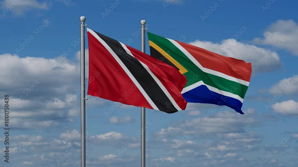 Republic of South Africa and Trinidad and Tobago flags flying together, video concept of the relationship, two country cooperation concept Republic of South Africa and Trinidad and Tobago flags flying together, video concept of the relationship, two country cooperation concept