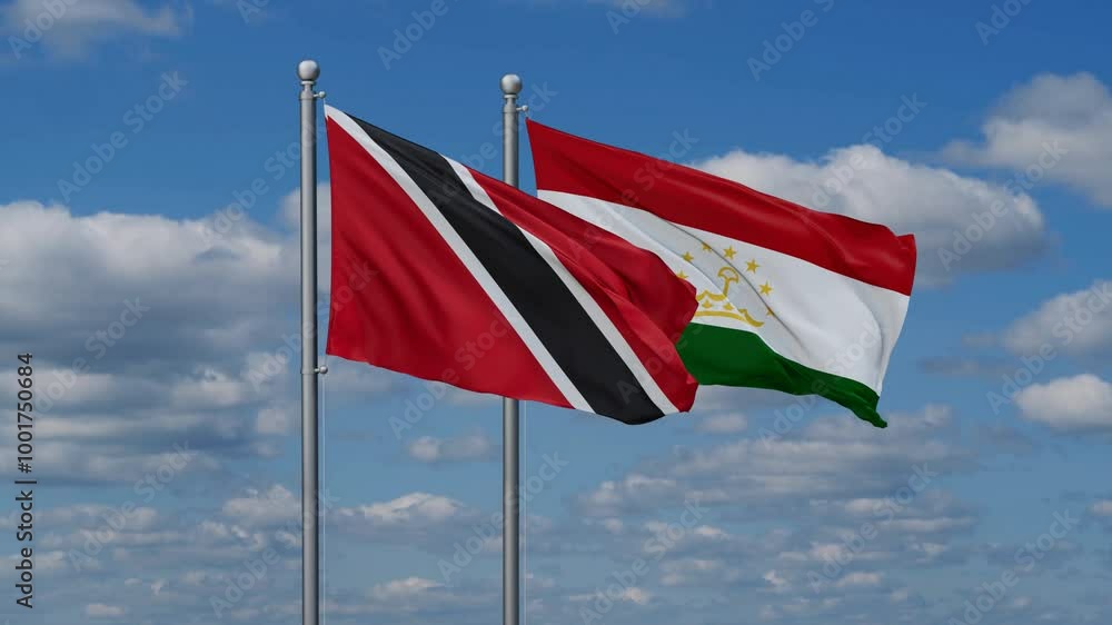 Tajikistan and Trinidad and Tobago two flags waving together, video concept of the relationship, two country cooperation concept Tajikistan and Trinidad and Tobago two flags waving together, video concept of the relationship, two country cooperation concept