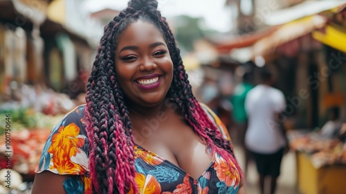 Plus Size Black Woman with Colorful Braids Smiling in Vibrant Outdoor Market Scene for Diversity and Inclusion