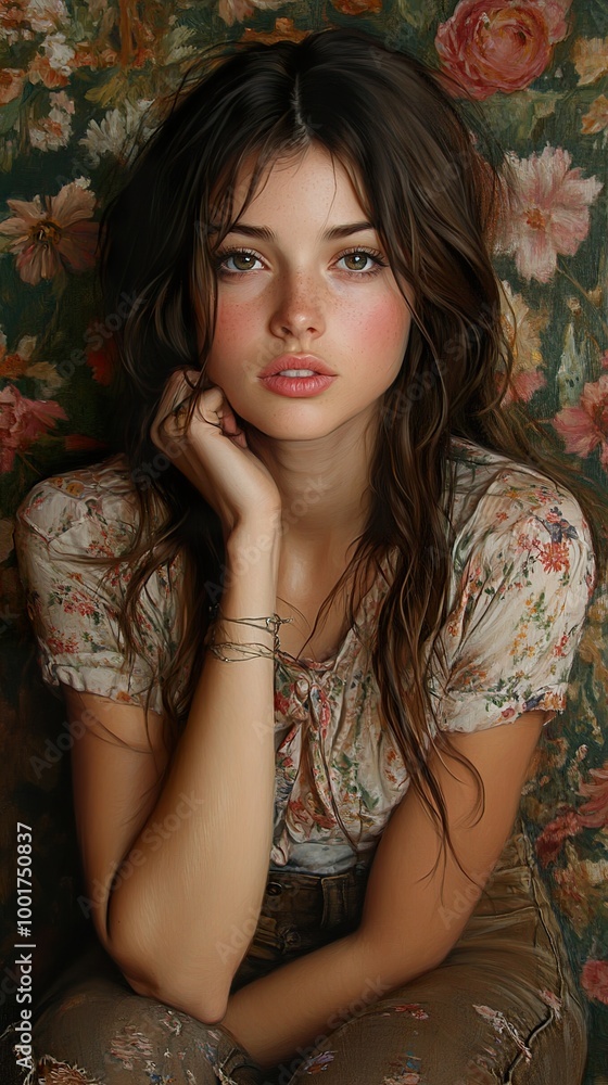 Beautiful Woman Portrait with Floral Dress and Long Hair Beautiful Woman Portrait with Floral Dress and Long Hair
