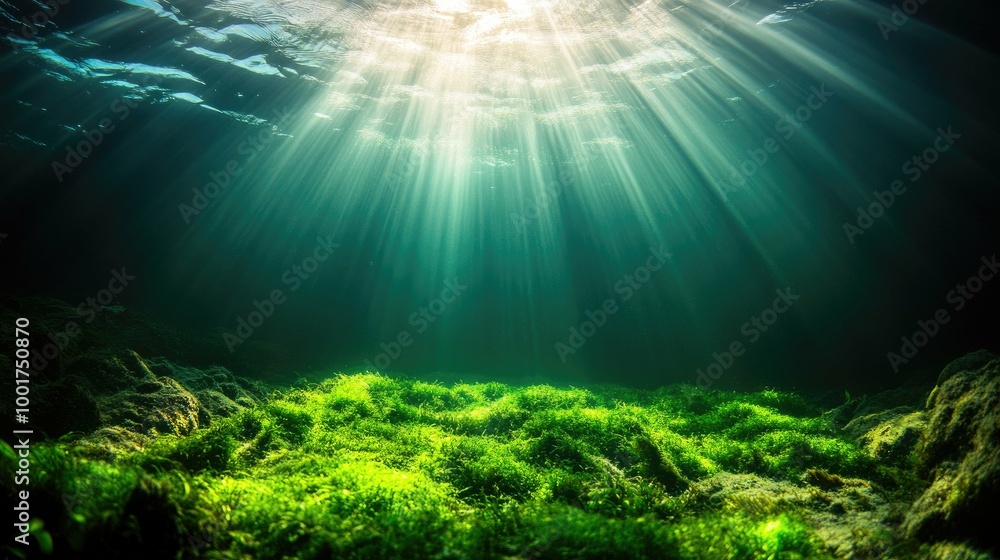 Fototapeta premium Sunlight shines down through the water onto a green seabed.