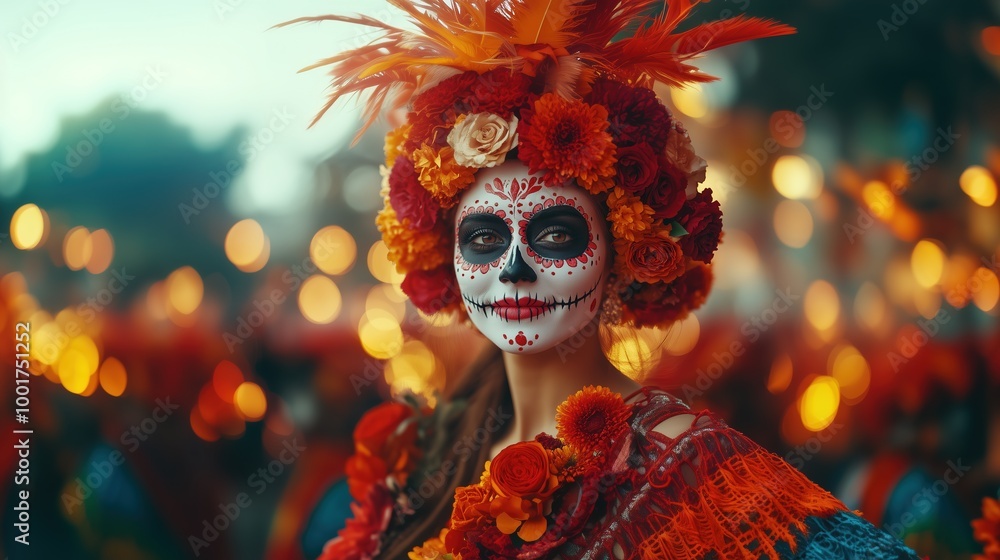 Woman with sugar skull make up Dia de los muertos, Mexican day of the dead celebrating concept