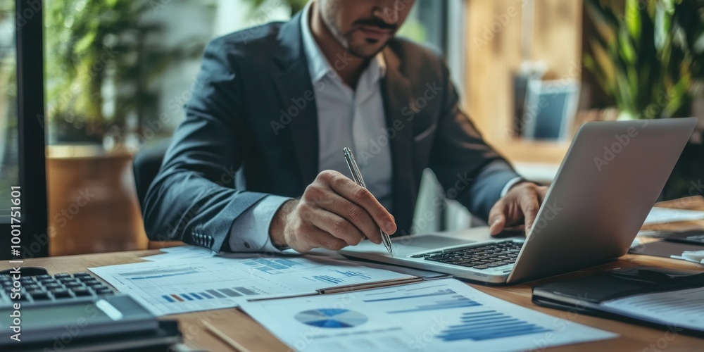 A businessman analyzes data on a laptop. The scene captures focus and productivity in a modern office. Charts and papers are spread out. A stylish workspace promotes creativity. AI A businessman analyzes data on a laptop. The scene captures focus and productivity in a modern office. Charts and papers are spread out. A stylish workspace promotes creativity. AI
