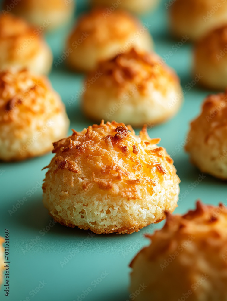 Close-up of freshly baked coconut macaroons on a teal background. Close-up of freshly baked coconut macaroons on a teal background.