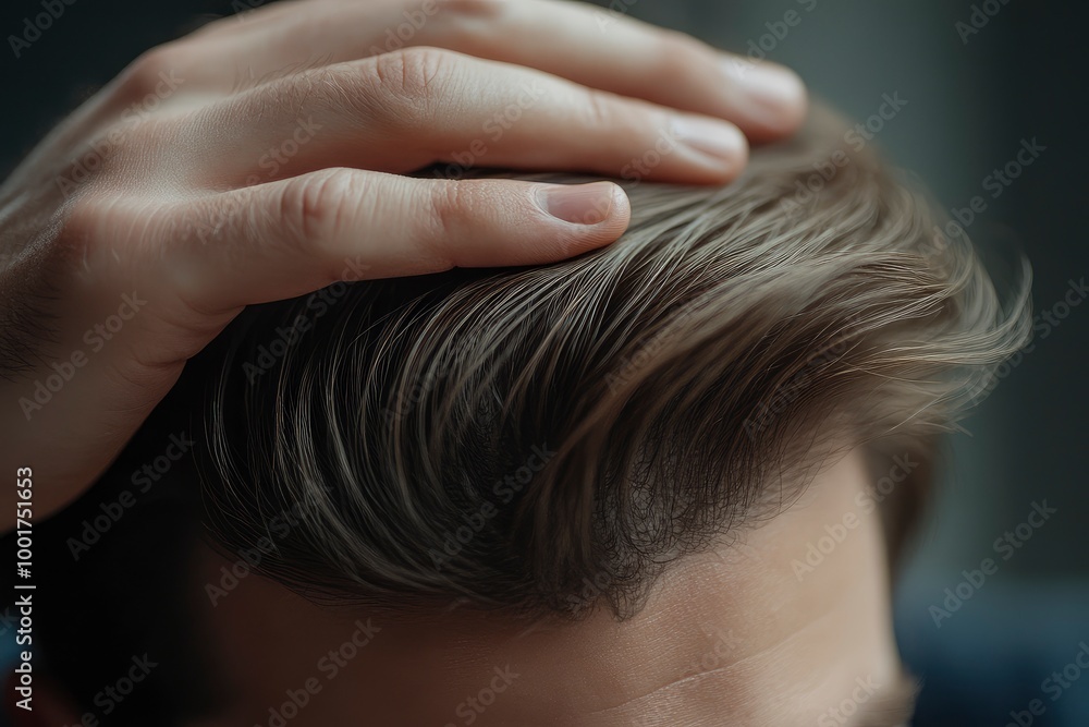 Close-up of an unrecognizable man combing his toupee with his hand. Styling and hair care concept with generative ai Close-up of an unrecognizable man combing his toupee with his hand. Styling and hair care concept with generative ai