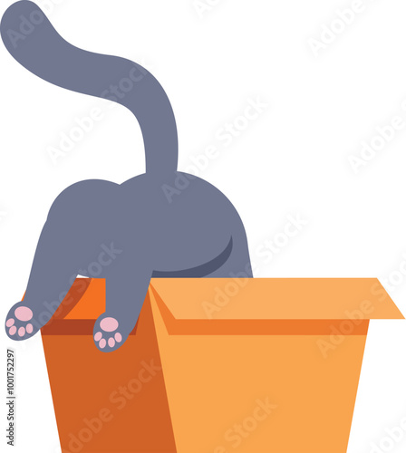 Playful gray cat entering cardboard box upside down, showing only its rear and tail