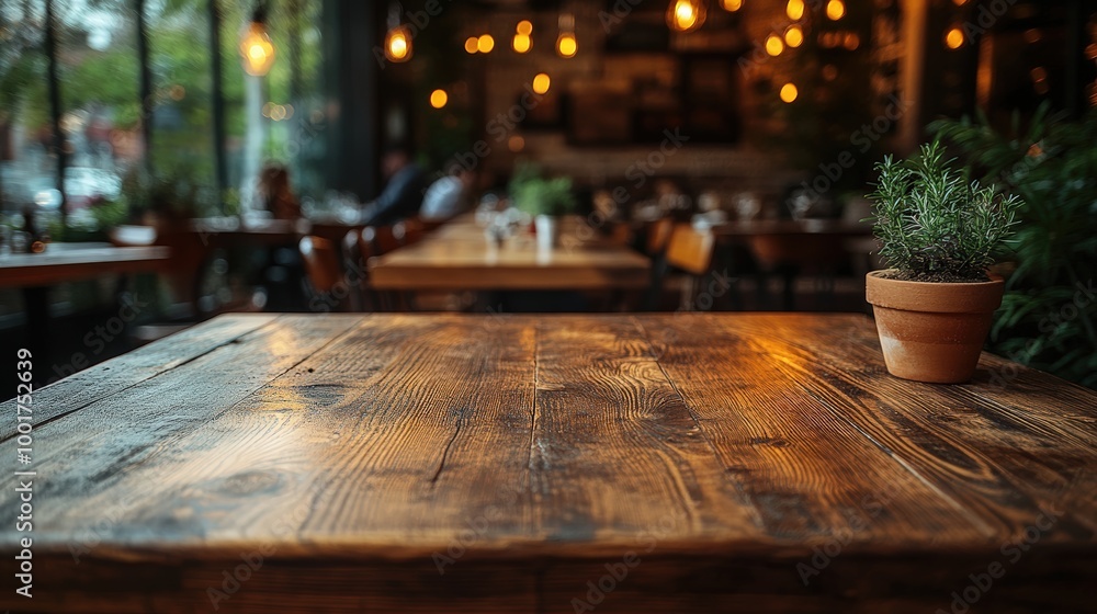 Empty wooden table space platform and blurred resturant or coffee shop background Empty wooden table space platform and blurred resturant or coffee shop background