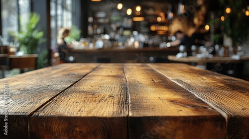 Empty wooden table space platform and blurred resturant or coffee shop background