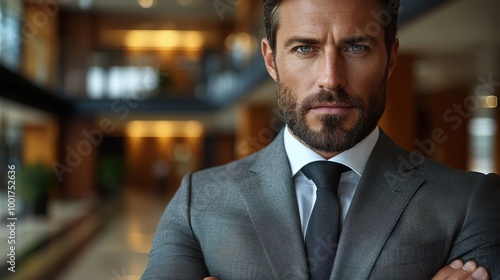 Confident businessman in gray suit poses with arms crossed in modern corporate lobby during daylight