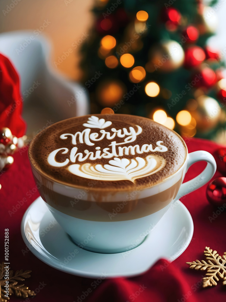 Merry Christmas coffee late art, barista macchiato, hot beverage drink, festive background, template