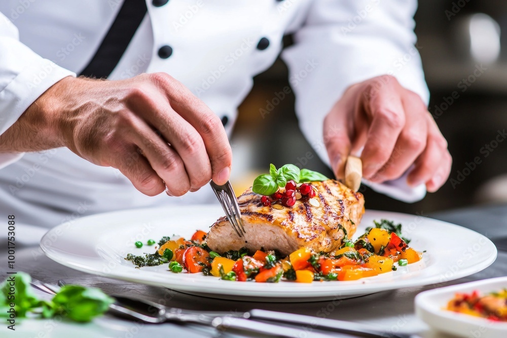 In a warm softly lit kitchen a chef skillfully arranges a gourmet salmon dish with colorful vegetables showcasing culinary artistry and attention to detail.