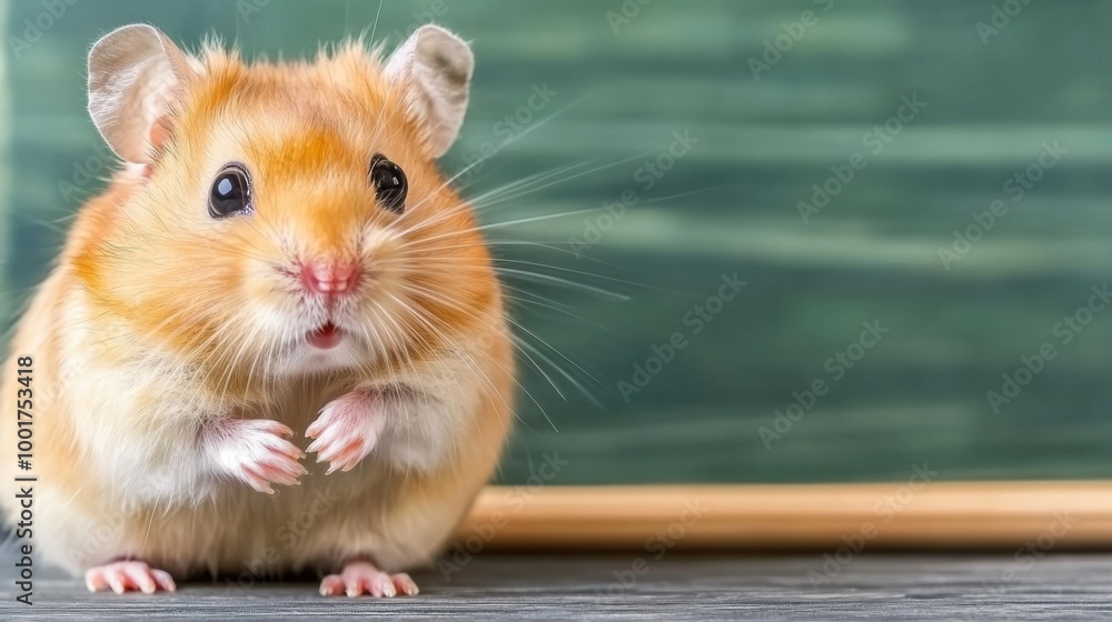 Fototapeta premium A small brown and white hamster sitting on a table, AI