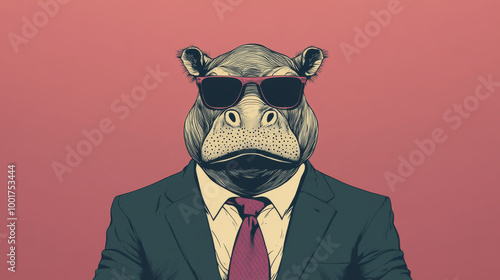 Hipster hippo in a suit and sunglasses.