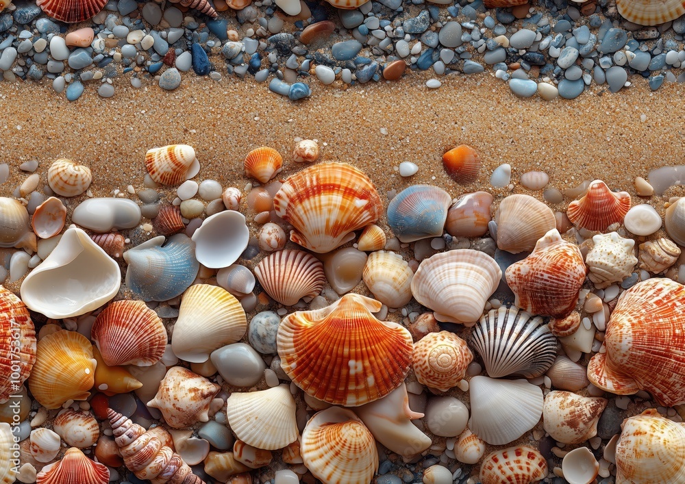 Fototapeta premium Seashell Sea Shell Seashells Shells Sand Sandy Beach Colorful Seamless Tile Texture Pattern Tiled Repeatable Tessellation Background Image