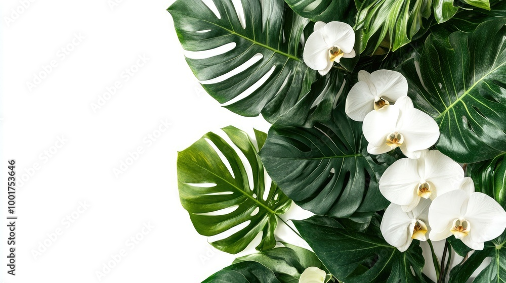 Obraz premium White orchids and green leaves on a white background with copy space.