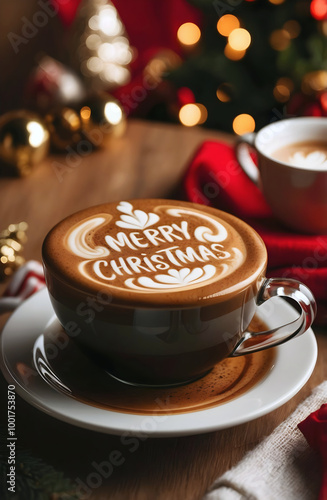 Merry Christmas coffee late art, barista macchiato, hot beverage drink, festive background, template	