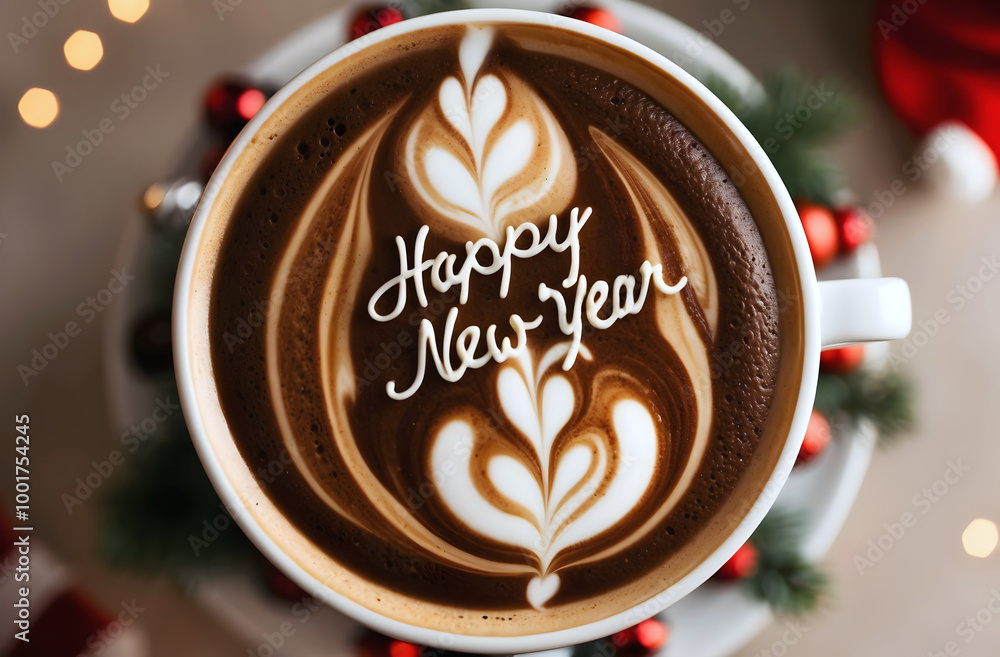 Happy new 2025 year coffee late art, barista macchiato, hot beverage drink, festive background, template