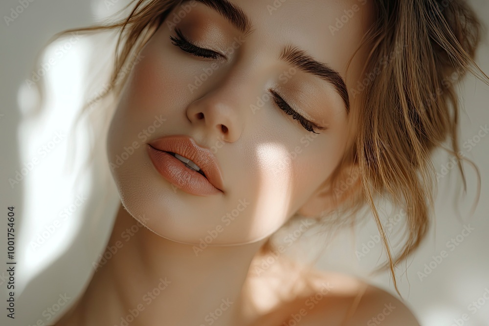 Naklejka premium Close-up beautiful woman with makeup and bare shoulders with beautiful and soft skin and light background _ Make up and body care for fashion -with generative ai