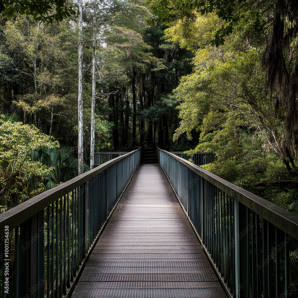 A rustic pedestrian bridge in a forest, large trees A rustic pedestrian bridge in a forest, large trees