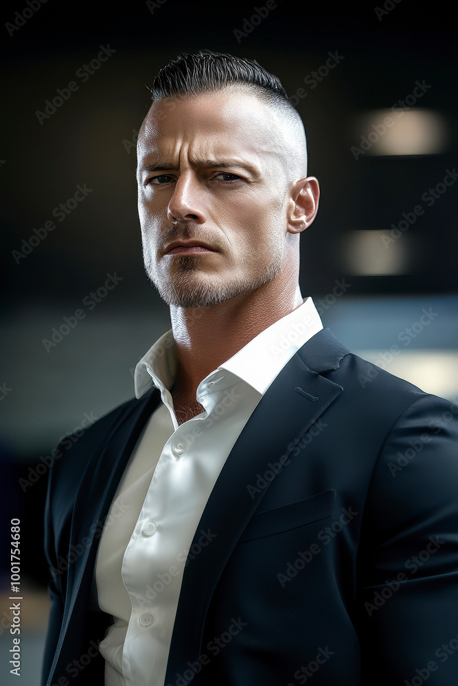 Serious looking, muscular businessman, shaved, bold, survival of the fittest concept, office, battle, style, Serious looking, muscular businessman, shaved, bold, survival of the fittest concept, office, battle, style,