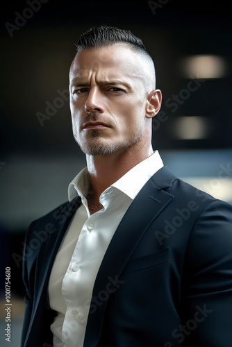 Serious looking, muscular businessman, shaved, bold, survival of the fittest concept, office, battle, style,