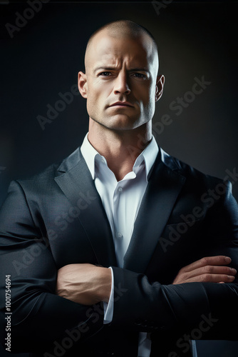 Serious looking, muscular businessman, shaved, bold, survival of the fittest concept, office, battle, style, photo