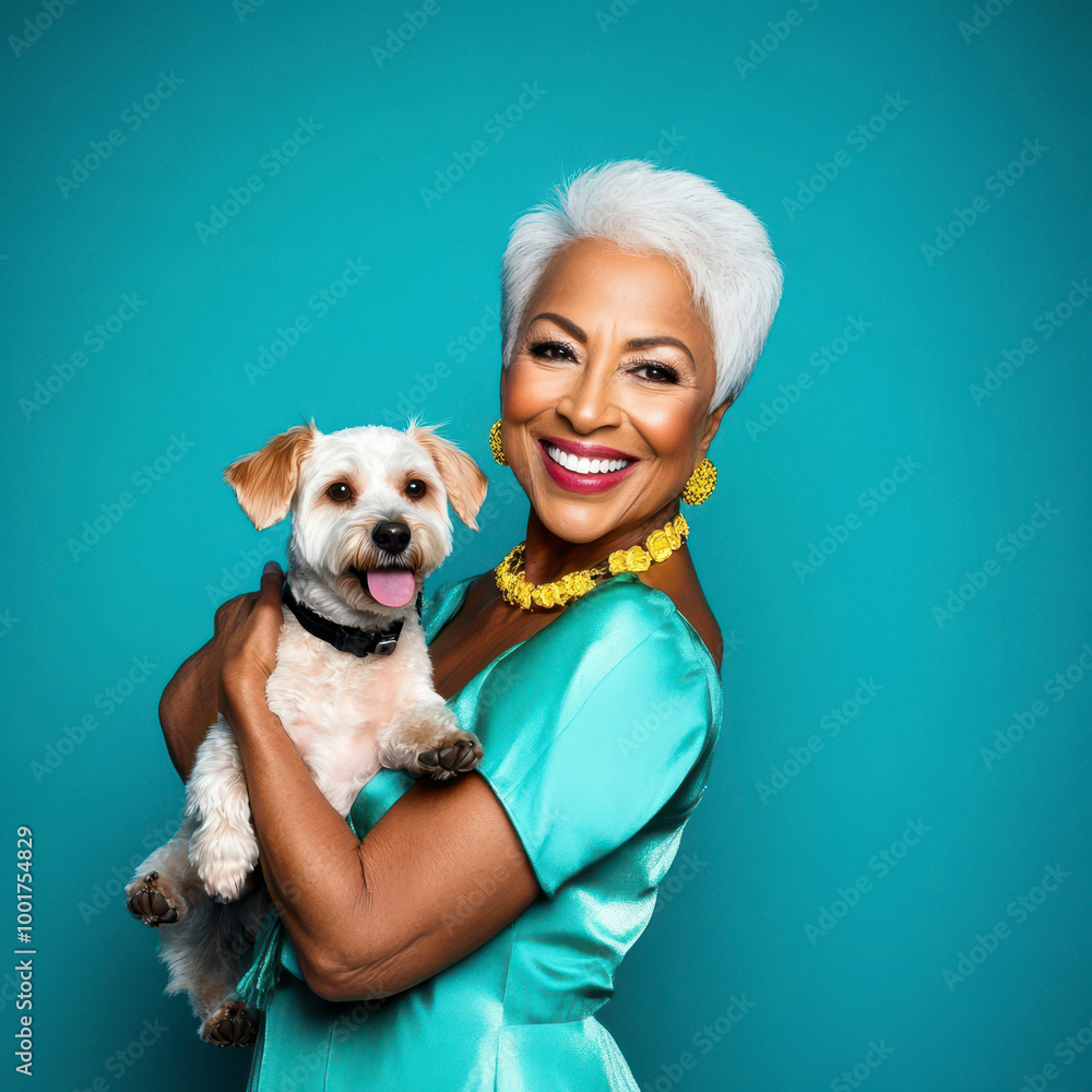 A glamorous portrait of a beautiful mature older black woman with best pet friend dog, smiling. blue background. A glamorous portrait of a beautiful mature older black woman with best pet friend dog, smiling. blue background.