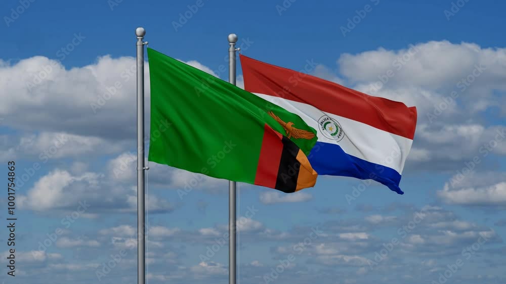 Paraguay and Zambia flags flying together, video concept of the relationship, two country relations concept Paraguay and Zambia flags flying together, video concept of the relationship, two country relations concept