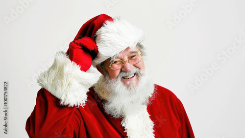 Smiling Santa Claus adjusting his hat in a festive red suit