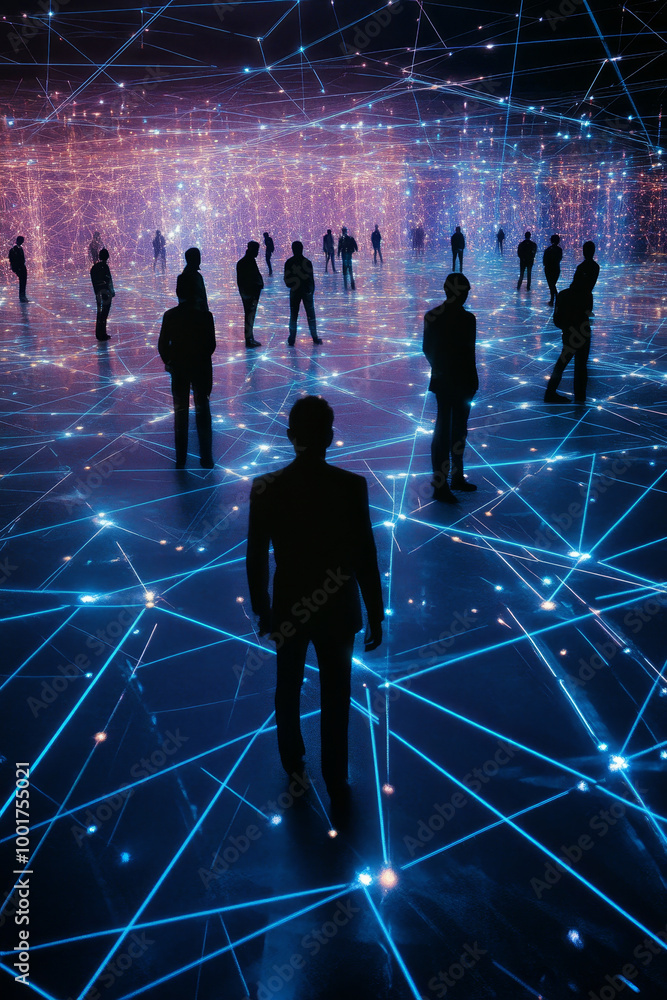 Silhouettes of people standing on glowing grid, surrounded by vibrant lights and connections, create futuristic atmosphere. scene evokes sense of unity and technology Silhouettes of people standing on glowing grid, surrounded by vibrant lights and connections, create futuristic atmosphere. scene evokes sense of unity and technology