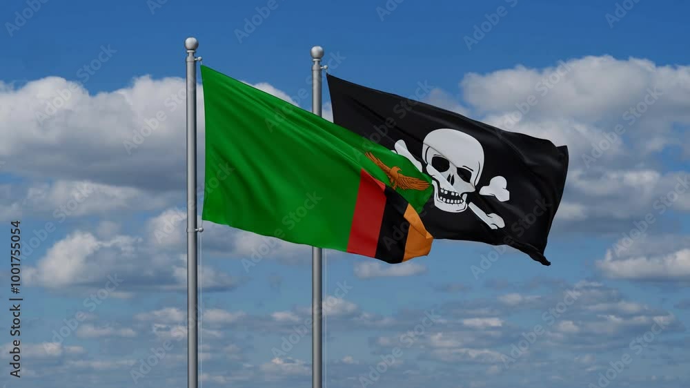 Zambia and Jolly Roger or pirate flags flying together, video concept of the relationship Zambia and Jolly Roger or pirate flags flying together, video concept of the relationship