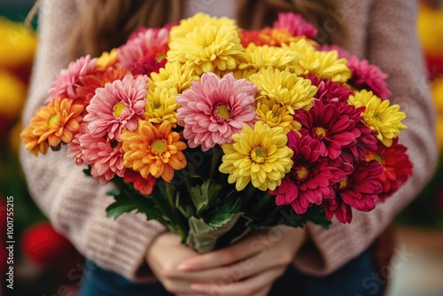 Wallpaper Mural Vibrant Chrysanthemum Bouquet Held by Woman - Mother's Day Gift Torontodigital.ca