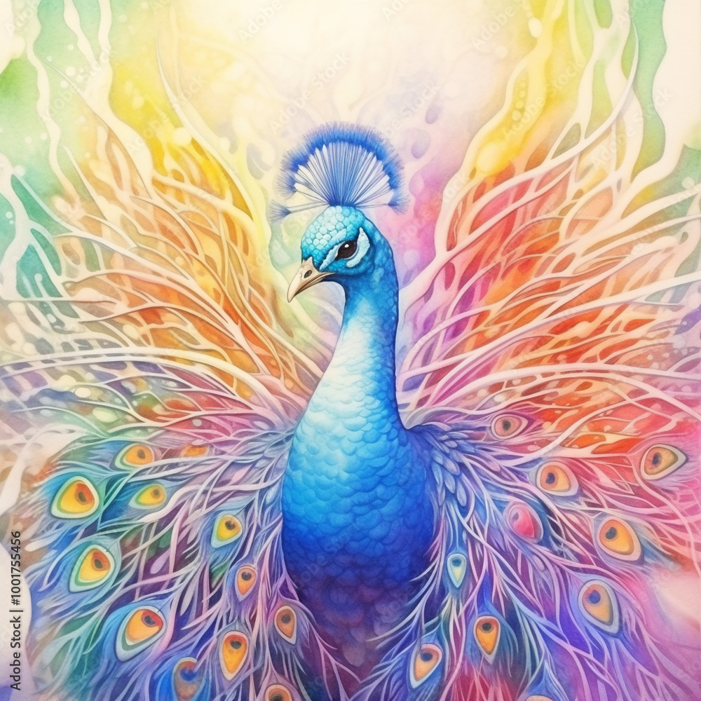 Fototapeta premium Adorn your wall with a multicolor Peacock watercolor featuring a captivating Wildlife Conservation Art