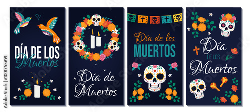 Dia de los Muertos vertical cards with colorful sugar skulls, marigolds, candle encapsulating traditions and joyful spirit of Mexican holiday. Vector illustrations for posters, flyers, social media.