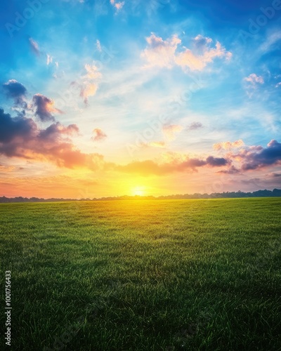 Enchanting Sunrise Over Vibrant Green Meadow on a Blissful Morning