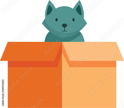 Cute blue cat is peeking out of an orange cardboard box, looking forward with curiosity