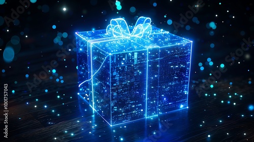 A glowing blue 3D gift box illuminated with a technological fusion style, showcasing a modern and futuristic design