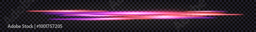Neon glowing sticks, dynamic speed lines with light glow effecr, Synthwave purple and orange luminous beams, thunder bolt flash. Isolated transparent vector border on dark background