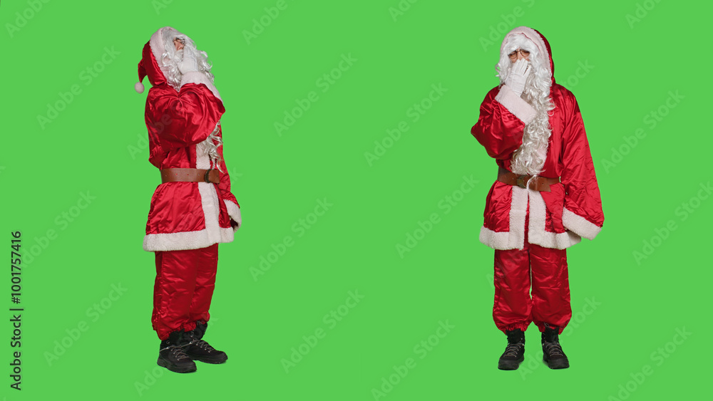 Santa cosplay feeling tired yawning over full body greenscreen backdrop, falling asleep while he wears saint nick costume with hat. Adult in red suit being sleepy overworked.