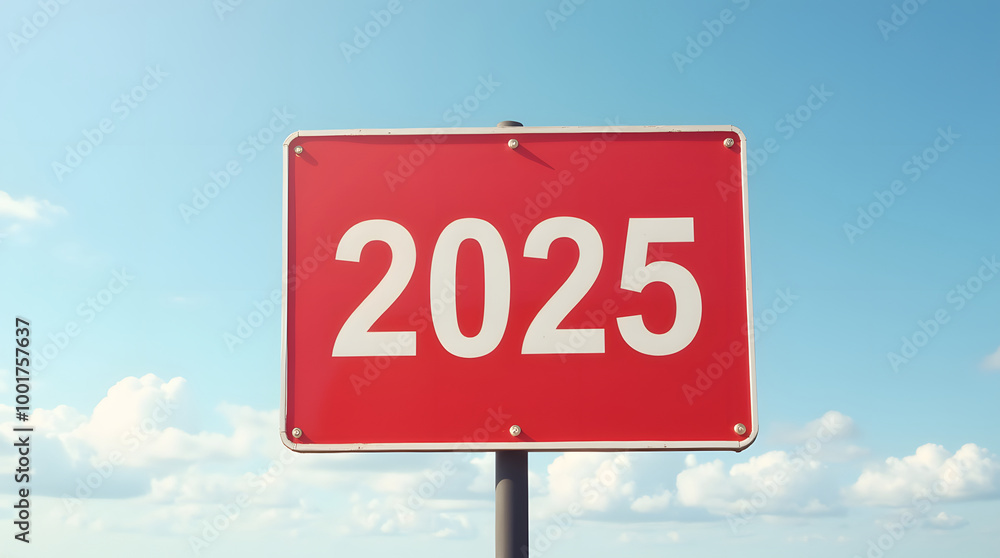 Text 2025 on red sign against blue sky. New Year resolution and goal to change and progress, business success and growth strategy, future challenge vision, start or beginning, startup, calendar Text 2025 on red sign against blue sky. New Year resolution and goal to change and progress, business success and growth strategy, future challenge vision, start or beginning, startup, calendar