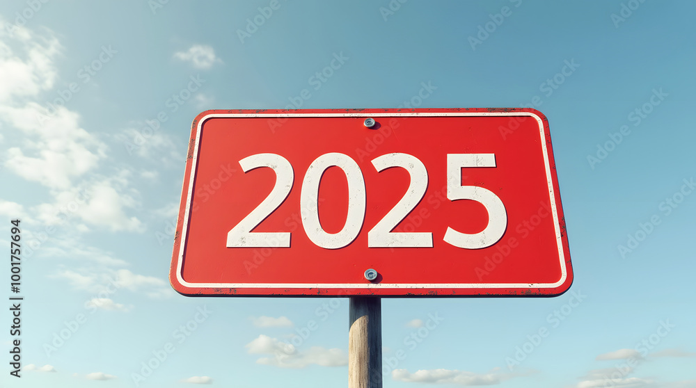 Text 2025 on red sign against blue sky. New Year resolution and goal to change and progress, business success and growth strategy, future challenge vision, start or beginning, startup, calendar Text 2025 on red sign against blue sky. New Year resolution and goal to change and progress, business success and growth strategy, future challenge vision, start or beginning, startup, calendar