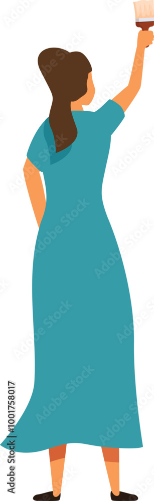 Woman in a long dress is standing with her back to us and painting a wall Woman in a long dress is standing with her back to us and painting a wall