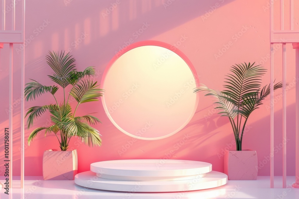 Fototapeta premium A serene pink backdrop featuring tropical plants and a circular opening illuminated by soft sunlight in a modern setting. Generative AI
