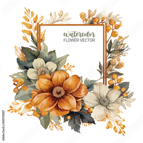 Watercolor flower frame vector on white background