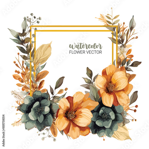 Watercolor flower frame vector on white background